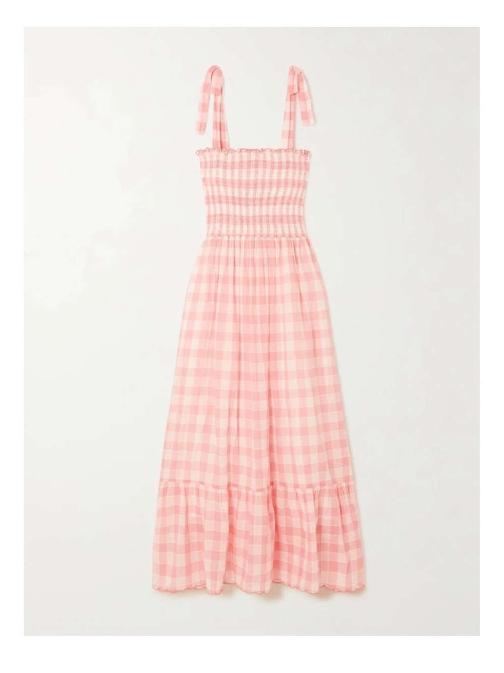 THE GREAT. Pink Gingham Smocked Tie-Shoulder Maxi Dress
